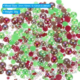 sourcing map 30g Flatback Pearls and Rhinestones 3mm-10mm Mixed Resin Half Pearl Rhinestone for Crafting Nails Clothing Shoes DIY Crafts Decoration Green Red