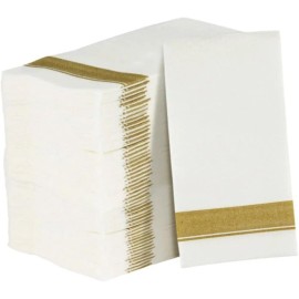 50 Cloth-Like Dinner Napkins Gold Border Disposable Elegant Tableware Events New
