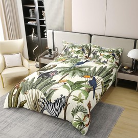 Castle Fairy Wild Birds 100% Natural Cotton Comforter Cover Watercolor Palm Trees Tropical Plants Duvet Cover Set Queen Size for Bedroom Cute Toucan Monkey Animal Jungle Style Quilt Cover Set 3 PCS