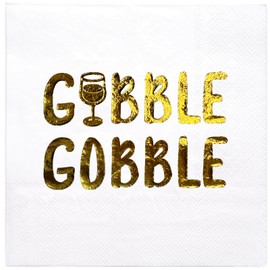 WRAPAHOLIC 50Pcs Thanksgiving Cocktail Napkins - 3-Ply Gold Foil Gobble Disposable Paper Napkins for Thanksgiving, Autumn Party Supplies Tableware - 5 x 5 In