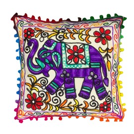 Original Kikan Floral Suzani Elephant Cushion Cover with Pom Poms Indian Cotton Embroidered Vegan Freiendly (16 x16 inches) 40 x 40 cms