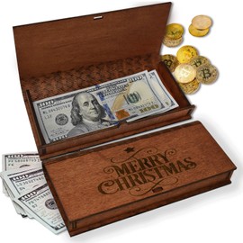 Top Obsession Merry Christmas Money Gift Box for Cash, Wooden Gift Box Small with Hinged Lid