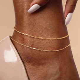 SESHE Ankle Bracelets for Women,Dainty 14K Gold Anklets for Women Waterproof Cute Figaro Chain Anklets Set Layered Beach Anklet Bracelets for Women Gold Summer Beach Jewelry Gifts