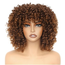 PORSMEER 14 inch Afro Curly Wigs for Women, Short Loose Kinky Curly Wigs with Bangs for Black Women, Synthetic Afro Curls Hair 70s (Brown Ombre)
