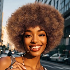 GKtineke Short Afro Wig 8 Inch Afro Wigs for Black Women 70s Kinky Curly Wig Fluffy Bouncy Puff Synthetic Hair for Daily and Party (Mixed Brown)