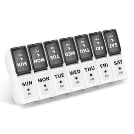 Opret Weekly Pill Organiser, Pill Box 7 Day 2 Times a Day for AM PM, Small Travel Tablet Organiser with 14 Removable Compartments, for Vitamins Supplements Medication (Black & White)
