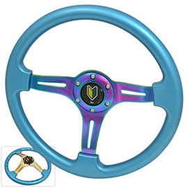AJP Distributors Universal 350mm 6 Bolt Hole Heavy Duty Light Weight Steering Wheel Sky Blue Trim Neo Chrome Center Streak Design Wakaba Jdm Leaf Horn