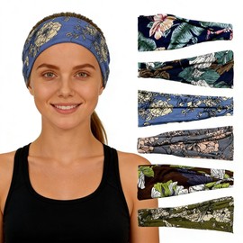 6Pcs Wide Floral Boho Headbands for Women - Elastic Non Slip Headband for Workout, Running, Washing Face & Daily Wear, Comfortable Breathable Fabric Headbands for Makeup, Spa