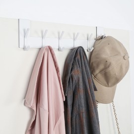 SKOLOO Over The Door Hook White, Door Coat Rack for Entryway, Over Door Towel Hook for Bathroom, Stainless Steel Door Coat Hook for Hanging Backpack, Jacket, Robes, Purse