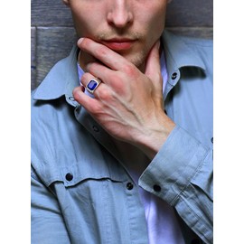 Bestyle Chunky Band Ring for Men, Stainless Steel Ring, Synthetic Gemstone, Black Onyx/Emerald/Sapphire/Ruby 10 x 12 mm, Men's Ring, CZ Biker Ring, Pinky Jewellery, Size 54-72