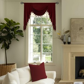 KNEOQIT Burgundy Red Luxury Velvet Curtain Valance, Soft Touch Rod Pocket Valance with Bead Tassels, Waterfall Valance for Dining Living Room, 89 Inch,1 Panel