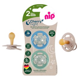 NIP Cherry Night 6 + Round Dummy Luminous Dummy, Cherry Night 6-36 Months, Button Glows Long Lasting in the Dark, Skin-Friendly, Sustainable, Pack of 2 Unisex Babies