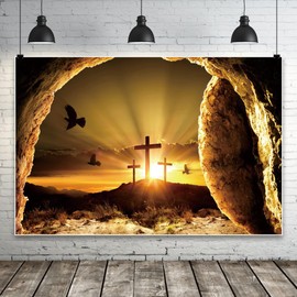 Canessioa Jesus Christ Cross Backdrop Resurrection of Jesus He is Risen Decorations Background Crucifixion Easter Party Background Sepulcher Cross Christian Belief Church Event Studio Props 10x8ft