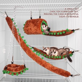 HardcorePet Sugar Glider Hammock Set Toy Brown 5-Piece Set Mouse Hanging Warm Bed Hamster Tunnel and Hideout Mouse Nest Accessories Toy Decorations Small Animal Climbing Swing (Brown)