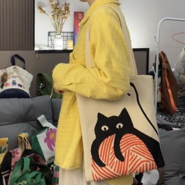 EZ PEACH Women's Tote Bag, Knit Bag, Large Capacity, Mother's Bag, Shoulder Bag, A4, Eco Bag, Handbag, Animal, Cat Bear, Panda, Cute, Cat/Beige