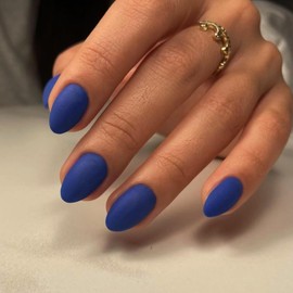 KQueenest Matte Royal Blue Press on Nails Short Oval, Short Fake Nails Press ons, Round Short Almond Glue on Nails For Women, Natural Acrylic Nails Solid Color Winter Finger Manicure