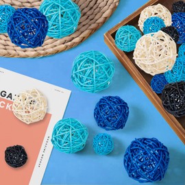 GuassLee Decorative Balls for Bowls Centerpiece, 24Pcs Blue Wicker Rattan Balls Vase Fillers Potpourri Bowl Filler for Home Bathroom Living Dining Room Table Decor DIY Craft, 3 Sizes