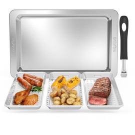 Onlyfire Grill Basket Set, 5PCS Stainless Steel Grill Pan - Include 3 Grilling Baskets, a Serving Tray and Removable Handle, Great for Grilling Fish, Meat, Veggies