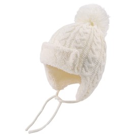 PEECABE Kids Winter Knitted Hat Baby Earflap Beanies Fleece Winter Beanie with Pompom Warm Toddler Hats Boys Girls 0-8Y (White 1, 0-6 Months)