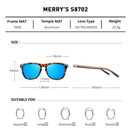 MERRY'S Unisex Polarized Sunglasses for Women Men Classic Retro Designer Style Aluminum Legs (Leopard Frame/Blue Mirror Lens/Brown Temples, 54)