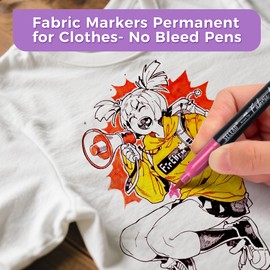 SELEAD 48 Fabric Markers Permanent for Clothes - Assorted Colors Fine & Brush Tips Non Toxic Art Drawing Marker Pens Set for T-Shirts, Bags, Tote, Canvas