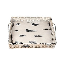 Waroom Home Vintage Style Metal Serving Tray, 11’’x11’’ Distressed Square Decorative Tray with Handles (Cream)