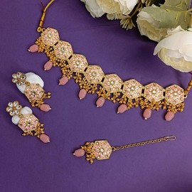 Efulgenz Conjunto de gargantilla de joyería india Maang Tikka pendientes Bollywood de cristal Kundan para boda dorado