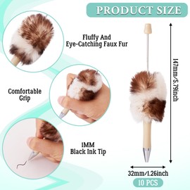 Beadthoven 10pcs Fluffy Beadable Pens Leopard Pom Pom Beaded Pens DIY Plastic Bead Pen Assorted Cute Pens Shaft Black Ink Ballpoint Pens for DIY Pens Making Supplies Gift Office School Light Brown