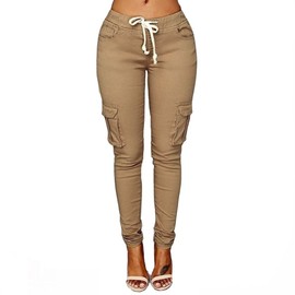 Women's Solid Color Stretch Cargo Joggers Casual Pockets Drawstring Skinny Pants