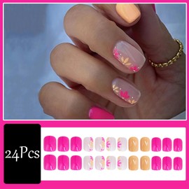 Square Press on Nails Short Flower Fake Nails Red Yellow Flower Designs False Nails Glossy Hot Pink Glue on Nails Cute Full Cover Acrylic Artificial Nails Stick on Nails for Women Girls 24Pcs