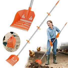 Chicken Poop Scooper with Rake - Lightweight Chicken Poop Shovel for Small Farm Animals - Sand Sifting Shovel with Adjustable Long Handle (38-67'') - Easy to Use for Women & Seniors (Orange)