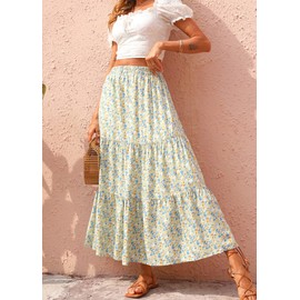 KIRUNDO Women's 2025 Spring Summer High Waist Boho Floral Maxi Skirt Casual Flowy Swing Pleated A Line Beach Long Skirts(Light Blue, Medium)