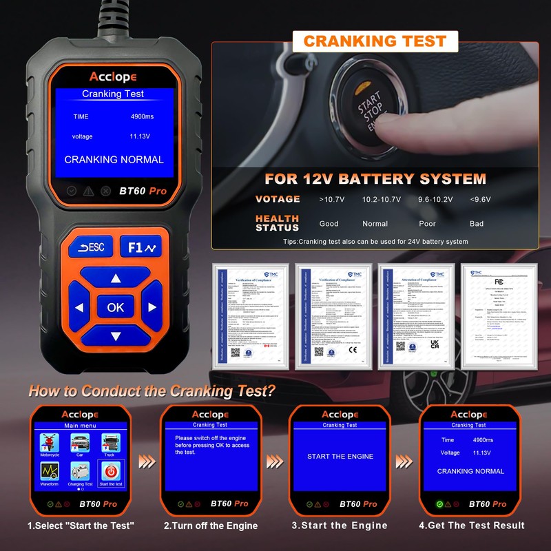 BT60 Pro Acclope Car Battery Tester with Cloud Printing 100-3000