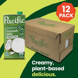 Pacific Foods Organic Unsweetened Coconut Milk, Plant Based Milk, 32 oz Carton (12 Pack)