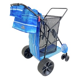 Beach Cart Deluxe Heavy Duty Folding Ocean Utility Large Sand Wheels Holds 4 Folding Chairs Umbrella Holder Removable Storage Bag – Premium Blue Striped Pattern