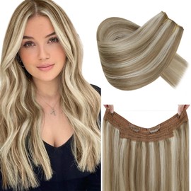 RUNATURE Wire Hair Exensions Real Human Hair Ash Brown Highlight Blonde Secret Hair Extensions Real Hair Blonde Invisible Human Hair Extensions 16 Inch 80g