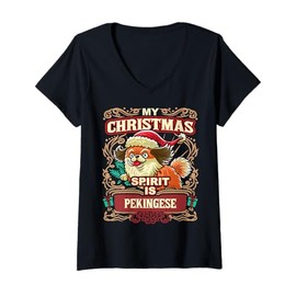 Womens Pekingese My Christmas Spirit Dog Santa Claus Elf Reindeer V-Neck T-Shirt