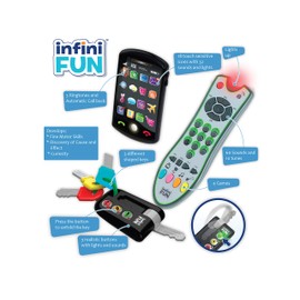 Infini Fun My First Tech Trio - Imitation Game for Kids, Fake Phone, Toy Keys & TV Remote for Imaginative Play - Ultra-Realistic Pretend Kids Play Set, Discover Colours & Sounds - For Ages 18 Months +