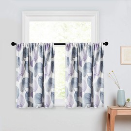 MRTREES Blackout Tier Curtains, Leaves Printed Kitchen Tiers Short Curtain, Triple Weave Small Bathroom Cafe Curtains Half Window Treatment Set for Basement/Bedroom(2 Panels, 34x24 Inches, Grey)