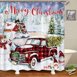 CJWLKJ Merry Christmas Shower Curtains for Bathroom 72 x 72 Red Buffalo Plaid Vintage Truck Tree Winter Snow Snowman Rustic Retro Farmhouse Bathroom Decor