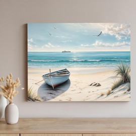 Beachy Wall Art Beach Décor Ocean Canvas Picture Coastal Artwork Seabird Boat Beach Rustic Beach Wall Art Beachy Canvas Print Coastal Beach Wall Art For Bathroom Bedroom Living Room 12x16 Inch