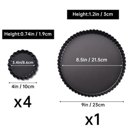 Theuzi 9 in Non-Stick Tart and Quiche Pan with Removable Bottom and 4 Mini Tart Pans 4-inch, Heavy Duty Fluted Side for Pies, Mousse Cakes, Dessert Baking (5 Pack)