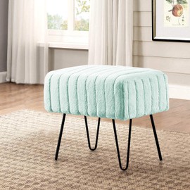 Home Soft Things Super Mink Faux Fur Blue Ottoman Bench 19" x 13" x 17" H, Bleached Aqua, Living Room Foot Rest Stool Entryway Makeup Bench End of Bed Bedroom Home Decor Chair