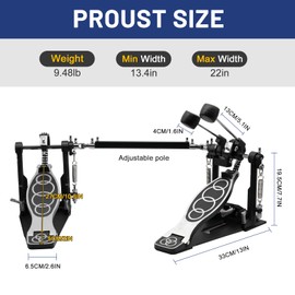 Double Bass Pedal Double Chain Drive Kick Drum Pedal with Adjustable Beater Head & Drum Key for Drum Set Electronic Drums with Drum Patch