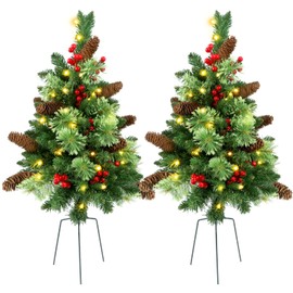 GUOOU Set of 2 Pathway Christmas Tree Urn Filler, Lighted Artificial Mini Xmas Trees with Lights, Outdoor Christmas Decorations for Porch, Driveway, Yard (9 Pine Cones)