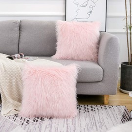 WLNUI Set of 2 Pink Fluffy Pillow Covers New Luxury Series Merino Style Blush Faux Fur Decorative Throw Pillow Covers Square Fuzzy Cushion Case 20x20 Inch