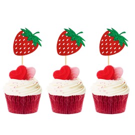 Keaziu Paquete de 36 piezas de decoración para cupcakes de fresa roja, diseño de fresa, ideal para cumpleaños, bodas, fiestas de bebés, fiestas de verano, jardín, fiestas, suministros de decoración