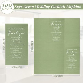 100 Plain Thank You Wedding Napkins - 3 Ply Facial Tissues Napkins Pack for Newlyweds to Family & Friends - Sage Green