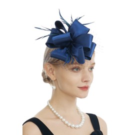 Myjoyday Women's Fascinators Hat for Tea Party Church Cocktail, Feathers Veil Headband with Hair Clip (Sparkling Navy Blue)