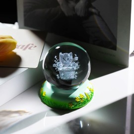 6cm K9 Crystal Ball Engraved 3D Cat and Flower Figurine Paperweight with LED Light Base Cat Ornaments Collectible Gifts for Cat Lovers Women